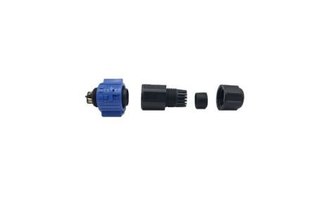 Conector M19 com travamento por pressão masculino, cabeável, 2+5 núcleos, instalável em campo - vista lateral