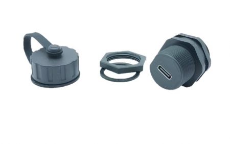Gewindewasserdichter USB Type-C Kupplung mit Kappe (Vorderansicht)